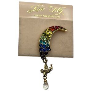 Kirks Folly rainbow rhinestones crescent moon angel fairy pin brooch gold tone